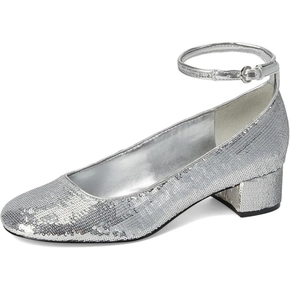 Nine West Amaize Dress Pump Women 12 Silver Sequin Block Heel Ankle Strap VER279